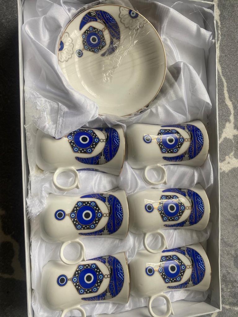 Turkse koffiekopjes set met schotels - Nazar Boncuk, Keramiek, Nieuw, Ophalen of Verzenden, Overige stijlen