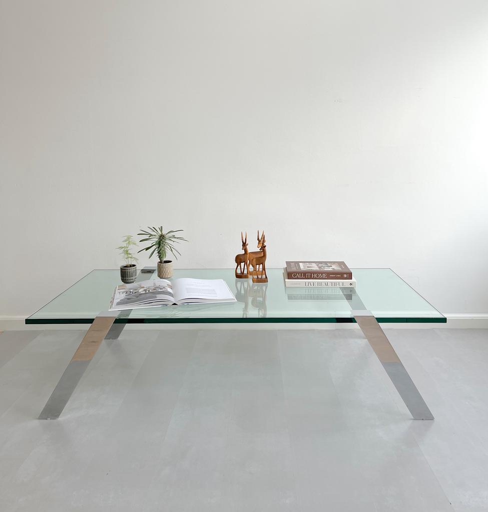Design salontafel glas/chroom, Lourens Fisher, Ophalen, Gebruikt, 100 tot 150 cm, Onbekend