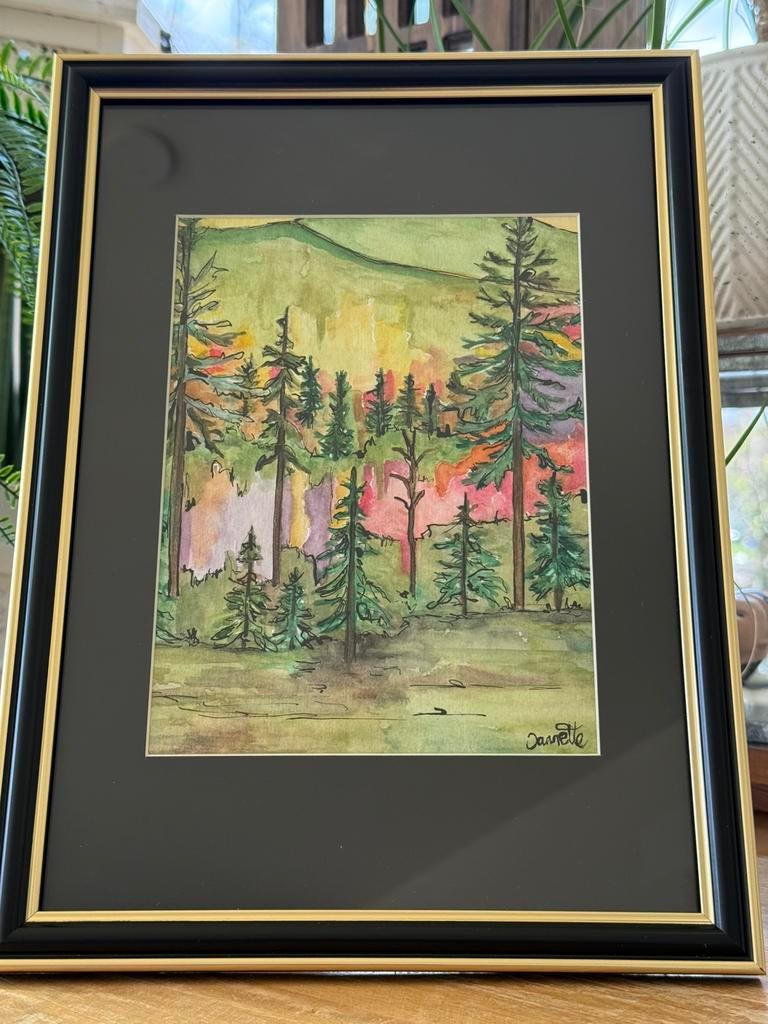 Sparrenbos kleurrijke aquarel, Ophalen of Verzenden