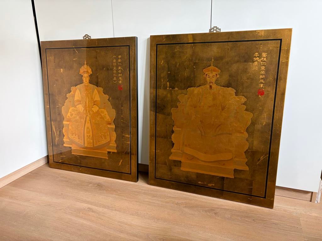 Prachtig paar Chinese voorouder portretten in bladgoud, Ophalen of Verzenden