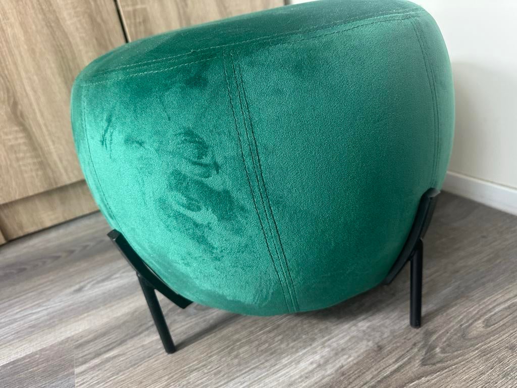 Groene fluwelen poef met metalen onderstel, Ophalen, Minder dan 50 cm, Rond, Zo goed als nieuw