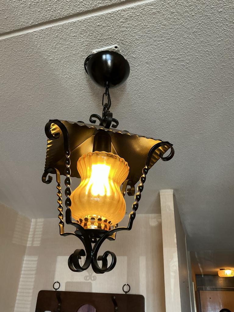 Vintage Amber Glas & Smeedijzeren Lantaarn Hanglamp, Antiek en Kunst, Ophalen of Verzenden