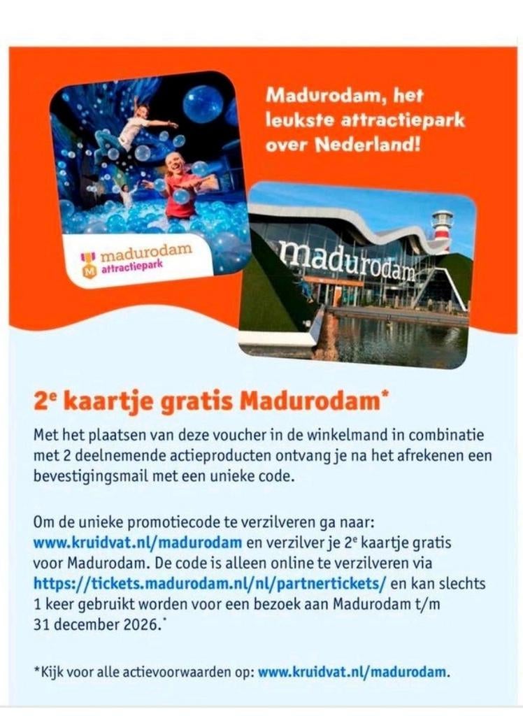 2e kaartje gratis voor Madurodam, Twee personen, Kortingskaart
