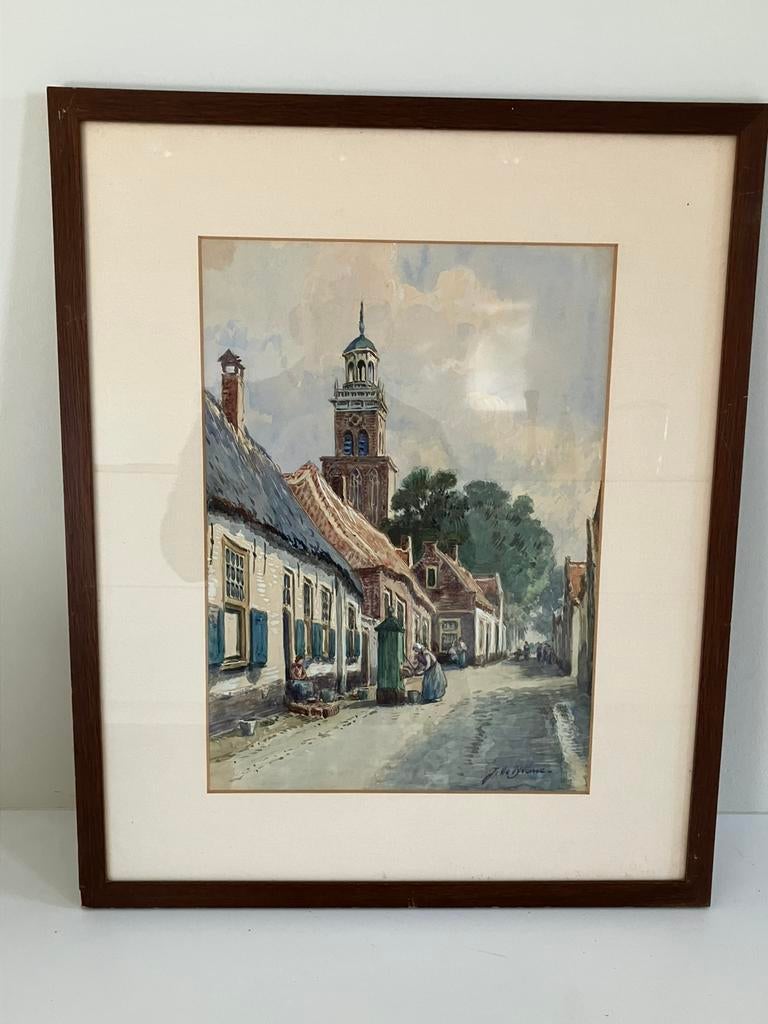 Mooi aquarel dorpsgezicht van J. le Blanc!, Antiek en Kunst, Kunst | Schilderijen | Klassiek, Ophalen