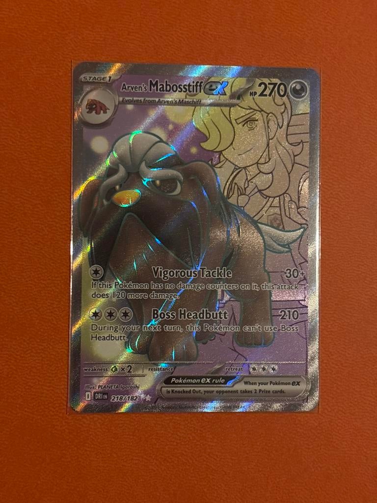 Arven's Mabosstiff EX Destined Rivals 218/182 Pokémon kaart, Ophalen of Verzenden, Zo goed als nieuw, Losse kaart, Foil