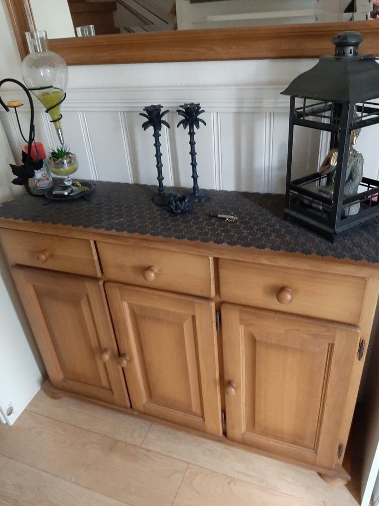 Ondiep dressoir met spiegel, blank eiken, op maat gemaakt, 100 tot 150 cm, Eikenhout, Ophalen of Verzenden, Zo goed als nieuw