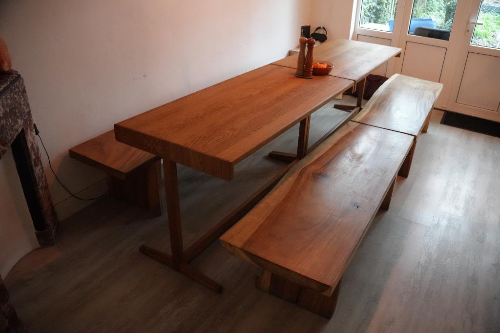 Massief eiken set – tafels & banken (ook los te koop), Huis en Inrichting, Tafels | Eettafels, Ophalen, Eikenhout, 50 tot 100 cm