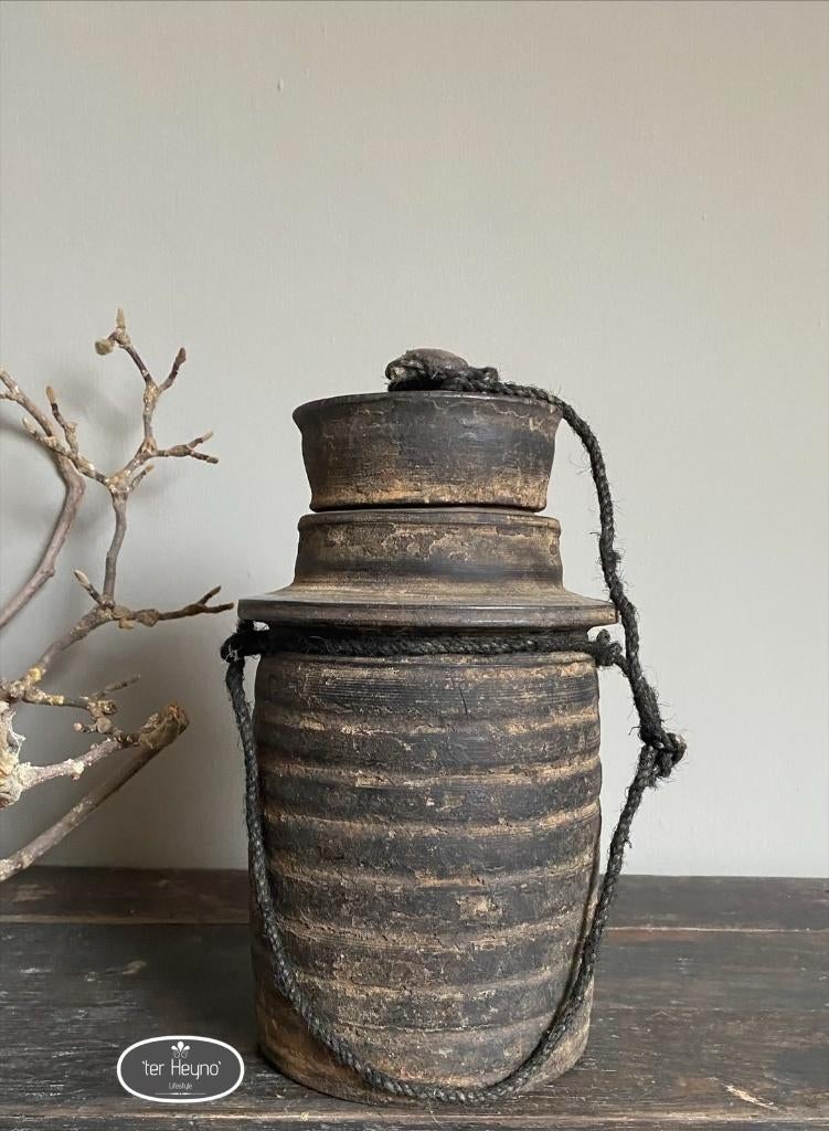 Oude houten kruik met deksel pot hout stoer sober landelijk, Hout, Verzenden, Nieuw, Landelijk