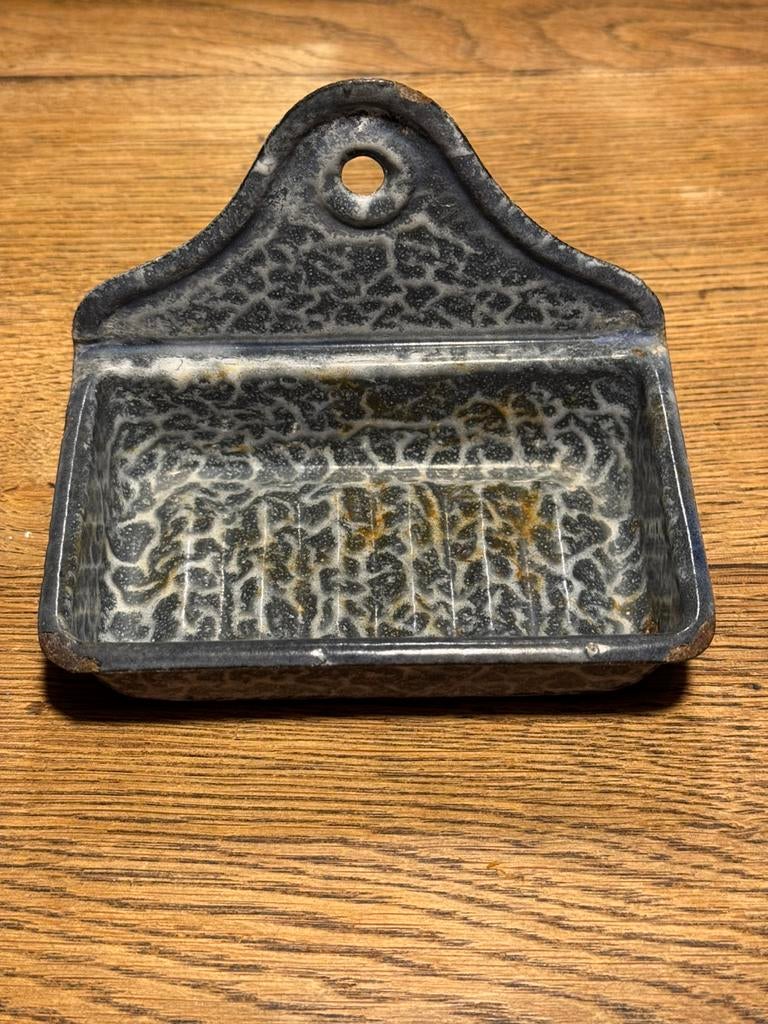 Vintage emaille zeepbakje met een grijs gewolkt patroon, Ophalen of Verzenden