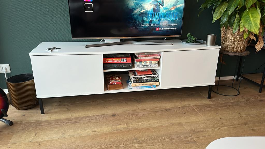 Modern wit TV-meubel Meubella - 150x50x41 cm, Ophalen, Overige materialen, Gebruikt, 100 tot 150 cm