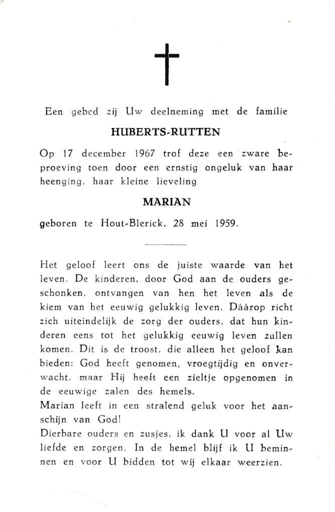 Huberts- Rutten Marian 1959 Hout Blerick 1967, Ophalen of Verzenden, Bidprentje