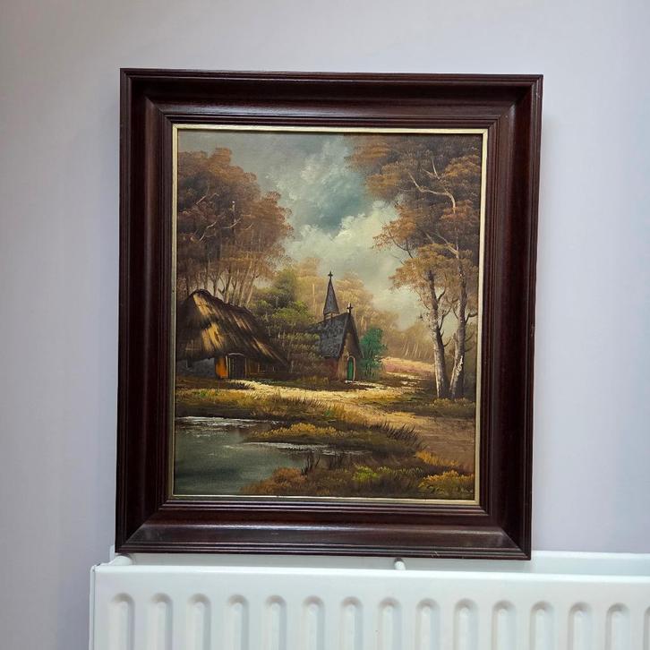 Oud schilderij - Landschap met kerkjes, Antiek en Kunst, Kunst | Schilderijen | Klassiek, Ophalen of Verzenden
