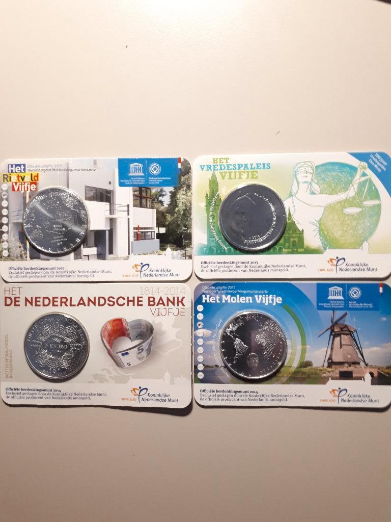 4x coincard KNM: € 5 Rietveld/Vredespaleis/DNB/Molens, Verzenden, Overige landen, Overige waardes