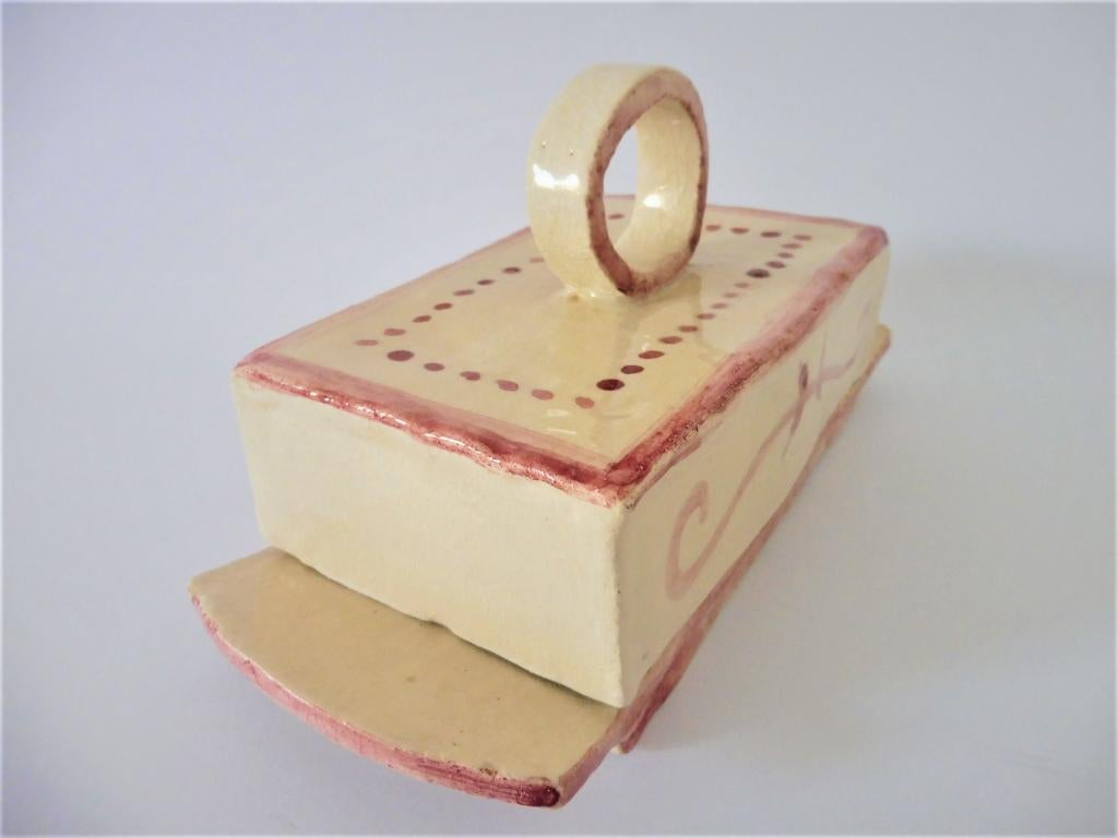 Boterschotel botervloot schaal oud roze met krullen stippen, Ophalen of Verzenden