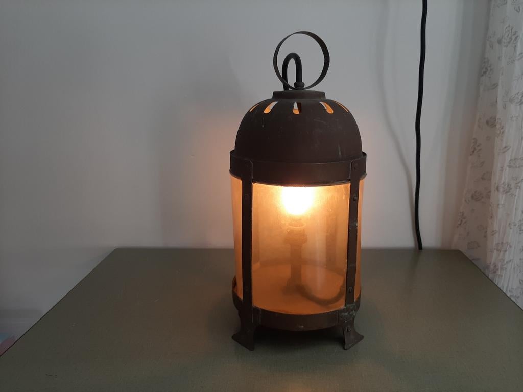 Vintage retro tafellamp lantaarn hanglamp Antiek koper., Ophalen of Verzenden