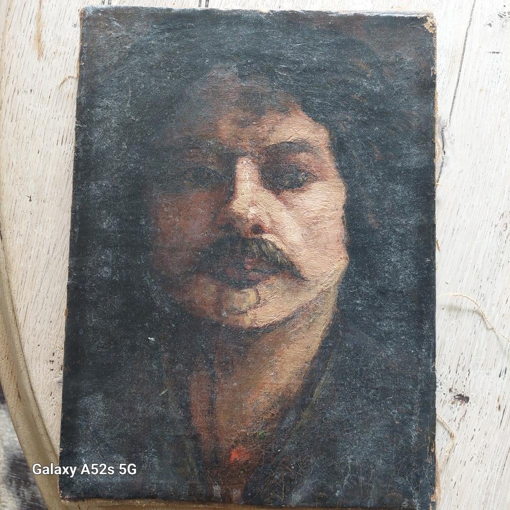 Oud olieverfschilderij: Portret van een man met snor, Antiek en Kunst, Ophalen of Verzenden