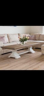 Salontafel met houten blad en witte poten, Gebruikt, 100 tot 150 cm, Minder dan 50 cm, Rechthoekig