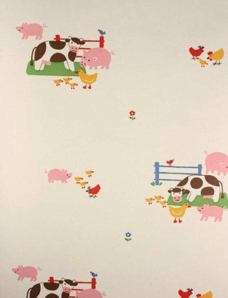 5562 Kinderbehang boerderij koeien varkens kippen 80s swiet, Huis en Inrichting, Stoffering | Behang, Rood, Wit, Bruin, Geel, Roze