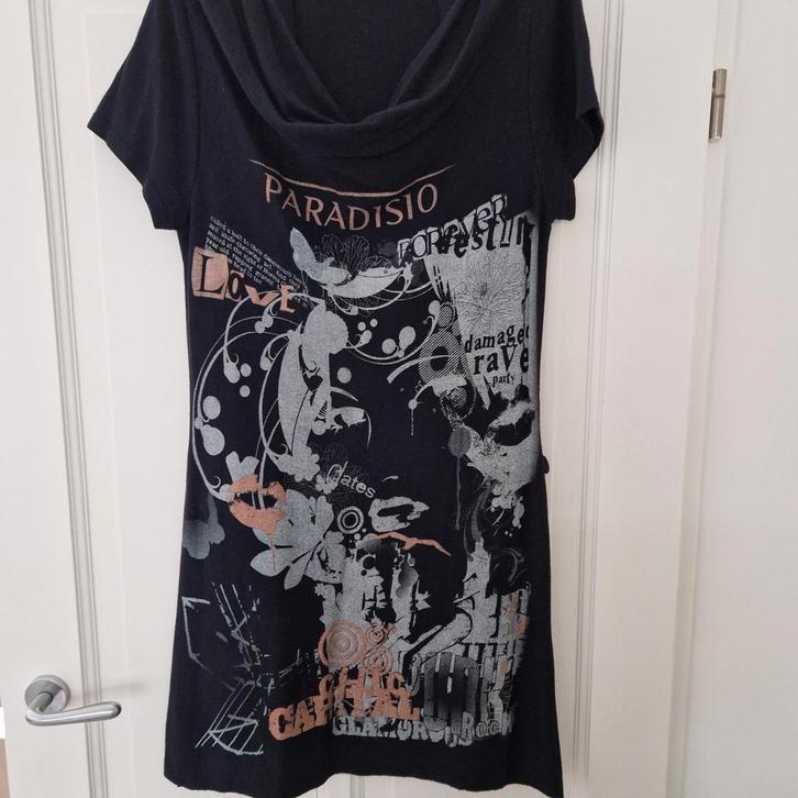 Zwarte jurk met print - Maat XL, Kleding | Dames, Jurken, Zo goed als nieuw, Maat 46/48 (XL) of groter, Zwart, Boven de knie, Ophalen of Verzenden