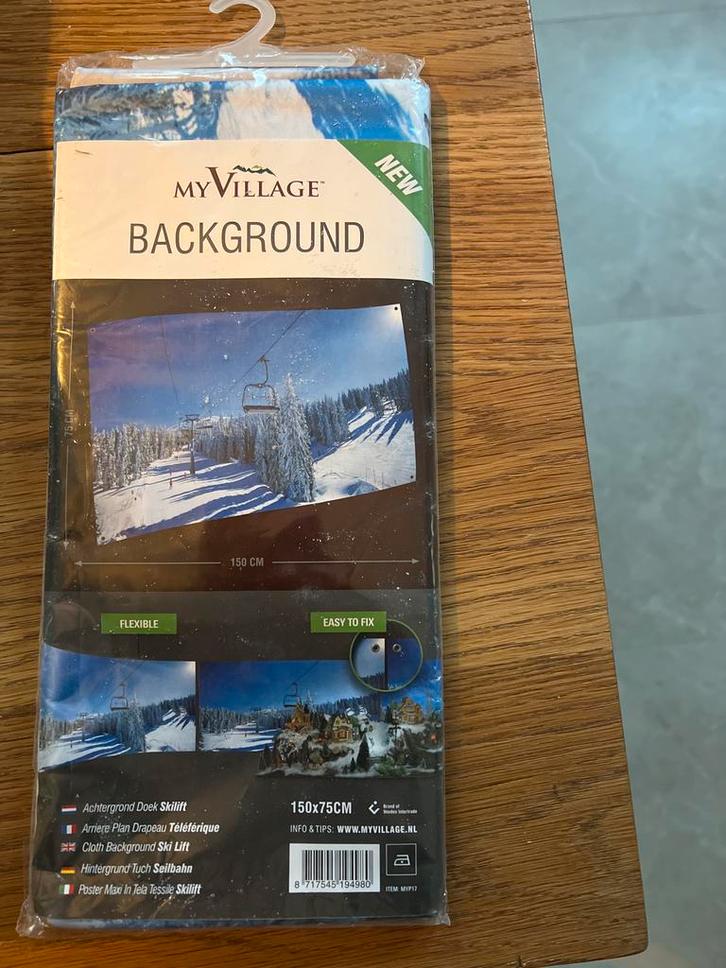 Nieuwe Kersthuisjes Achtergrond - Skilift 150x75cm, Diversen, Kerst, Nieuw, Ophalen of Verzenden