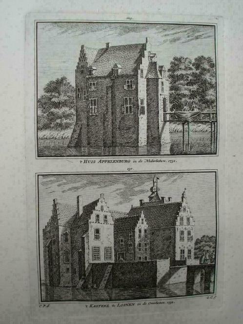 229-230  / Ochten Kasteel Appelenburg Kopergravure 1750, Antiek en Kunst, Kunst | Etsen en Gravures, Ophalen of Verzenden