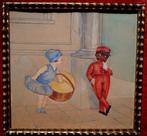 ~1930 Art Deco Reclame aquarel, meisje en portier jongentje, Ophalen of Verzenden