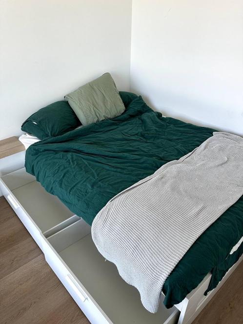 IKEA BRIMNES Bed met 4 lades en Matras, Huis en Inrichting, Slaapkamer | Bedden, Gebruikt, Tweepersoons, 140 cm, 200 cm, Hout