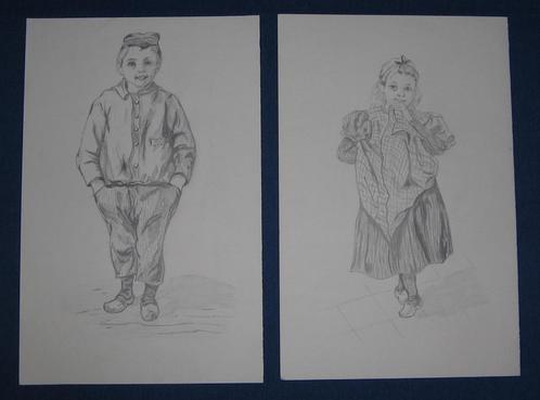 2 nostalgische potloodtekeningen jongen meisje platteland, Antiek en Kunst, Kunst | Overige Kunst, Verzenden
