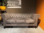Chesterfield Grijze Leren 3 zits Bank Izgs, Driepersoons, Zo goed als nieuw, Rechte bank, Klassiek Chique
