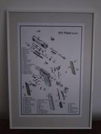 Poster schema pistool 1911 45 ACP met een lijst aan de muur, Verzamelen, Posters, Rechthoekig Staand, Deurposter of groter, Nieuw