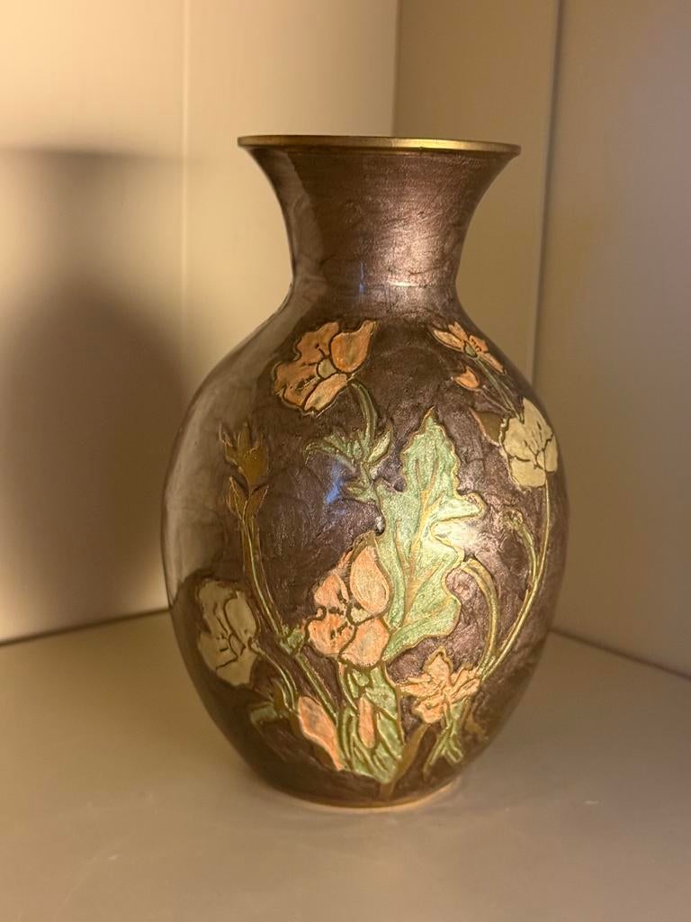 Oude brons emaille vaas, Antiek en Kunst, Antiek | Koper en Brons, Ophalen of Verzenden
