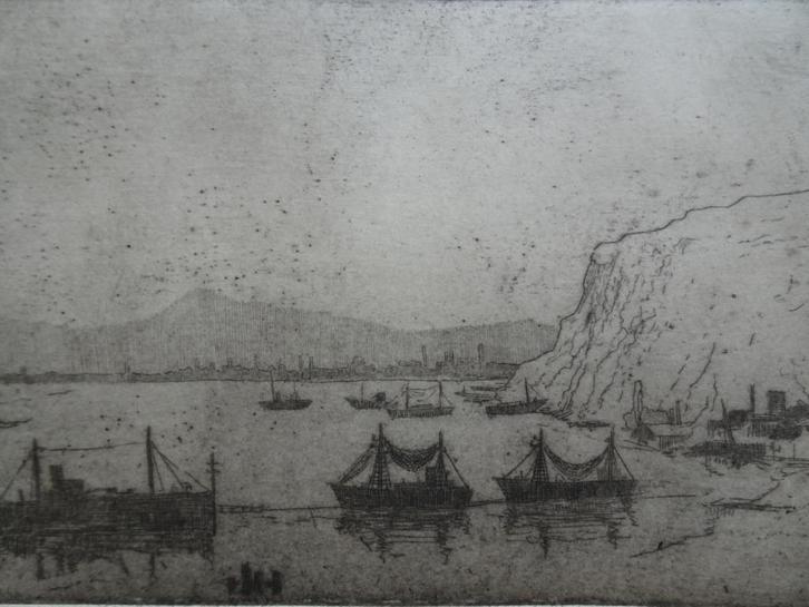 Ets krijtrotsen, schepen kust Z-Engeland, Poppe Damave, Antiek en Kunst, Kunst | Etsen en Gravures, Verzenden