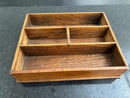 Antieke houten bestekbak met drie vakken en handvat., Antiek en Kunst, Curiosa en Brocante, Ophalen of Verzenden