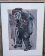 Oorlogs veteraan. Acryl/papier. Sign.  Impres. 73/93 cm., Antiek en Kunst, Kunst | Schilderijen | Klassiek, Ophalen