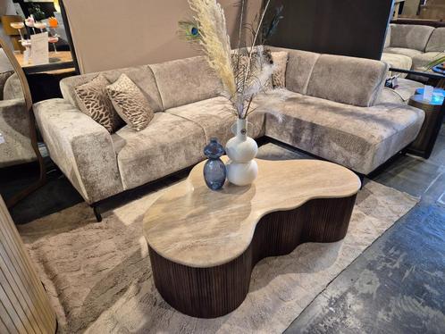 Salontafel Mari hout en Travertin 129 cm Extra Voordelig!, Huis en Inrichting, Tafels | Salontafels, Nieuw, Minder dan 50 cm, 100 tot 150 cm