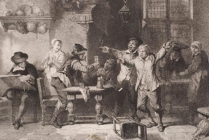 Herberg met tekenaar en boeren - Anthony Cornelis Cramer, Antiek en Kunst, Kunst | Litho's en Zeefdrukken, Verzenden