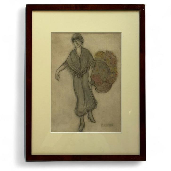 Piet Hein van Asperen (1895-1969) - bloemenverkoopster, Antiek en Kunst, Kunst | Tekeningen en Foto's, Ophalen of Verzenden