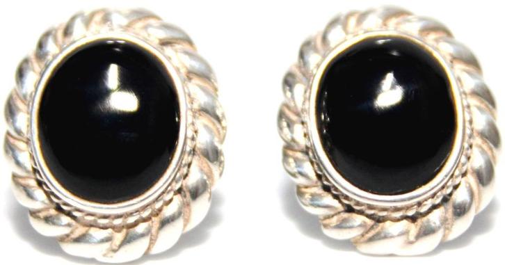 Een Paar Schitterende Ovale Onyx & 925 Zilver Oorbellen, Sieraden, Tassen en Uiterlijk, Antieke sieraden, Oorbellen, Zilver, Met edelsteen