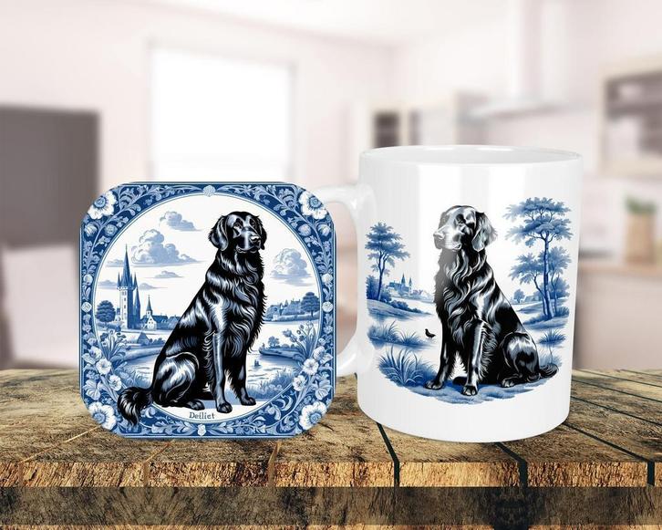 Flatcoated Retriever Delfts Blauw Set onderzetter + mok, Huis en Inrichting, Keuken | Servies, Nieuw, Kop(pen) en/of Schotel(s)