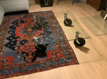 Glazen Salontafel 100x100cm op grove wielen Tavolo Con Ruote beschikbaar voor biedingen