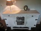 Brocante kast dressoir wit glas in lood, Ophalen, 100 tot 150 cm, 25 tot 50 cm, Glas