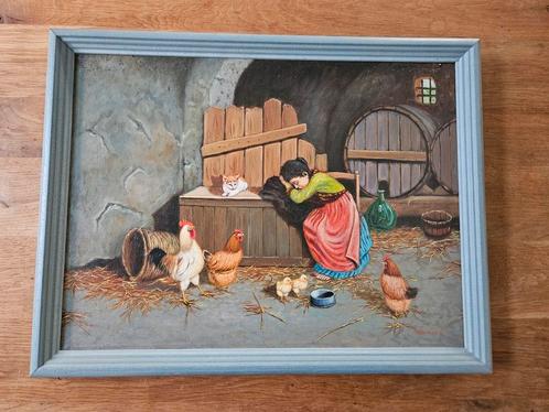 Klassiek schilderij met houten lijst - boerderijleven, Antiek en Kunst, Kunst | Schilderijen | Klassiek, Ophalen