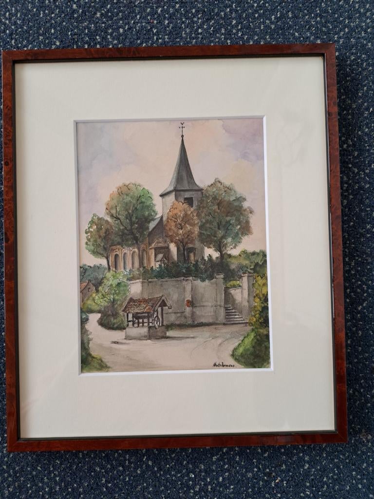 Aquarel van Bemelen met kerk, Ophalen of Verzenden