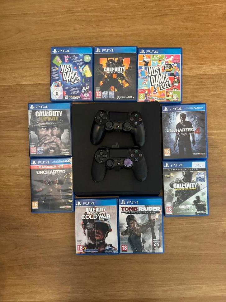 Playstation 4 slim inclusief 2 controllers + 9 games €250!, Spelcomputers en Games, Spelcomputers | Sony PlayStation 4, Gebruikt