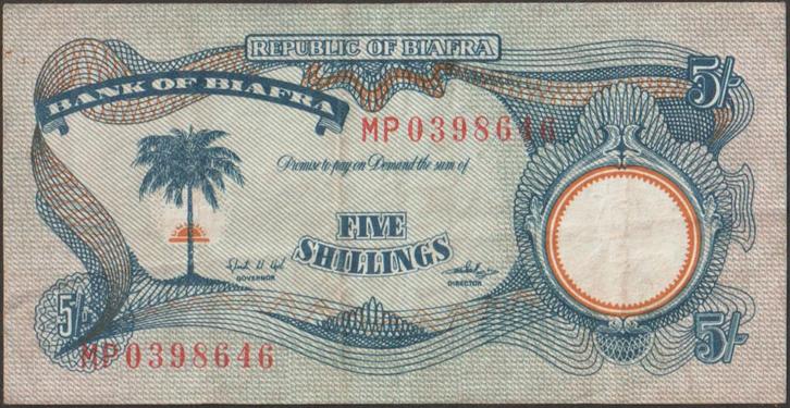 Biafra 5 shillings ND(1969) gebruikt p.3a (nr 58), Postzegels en Munten, Bankbiljetten | Afrika, Los biljet, Overige landen, Verzenden