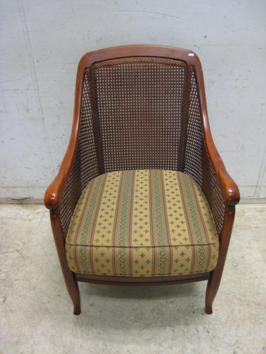 Klassieke fauteuil met webbing & stoffen bekleding, roodhout, Huis en Inrichting, Fauteuils, Gebruikt