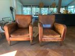 2 brocante fauteuils bruin leer te koop, Ophalen, Gebruikt, 50 tot 75 cm, Leer