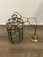 hanglamp messing en ijzer met geslepen glas, Ophalen of Verzenden, Gebruikt, Glas, Minder dan 50 cm