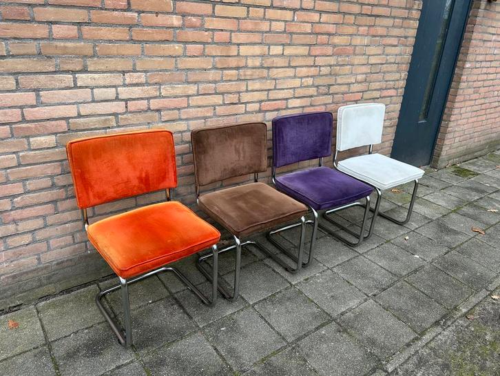 4 Ribstof Stoelen met Chrome Buisframe, Huis en Inrichting, Stoelen, Gebruikt, Vier, Metaal, Stof, Overige kleuren, Ophalen