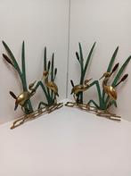 Reigers: 2 wandsculpturen messing met groene details, Ophalen of Verzenden